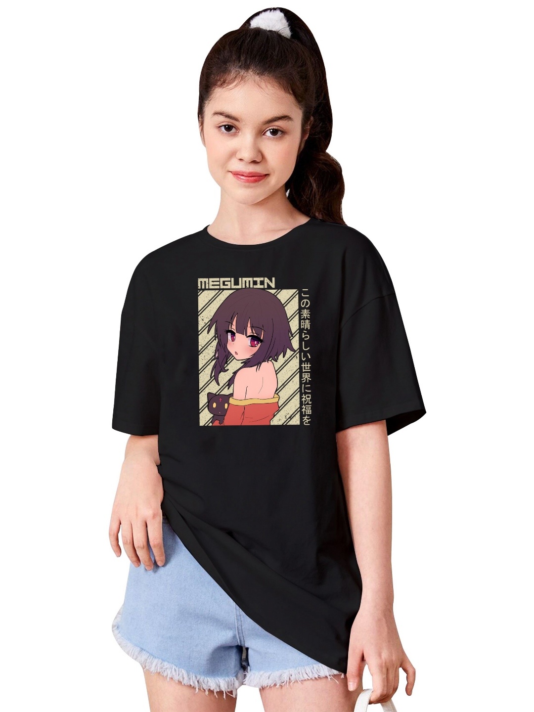 

BAESD Girls Graphic Printed Round Neck Cotton Oversized T-shirt, Black