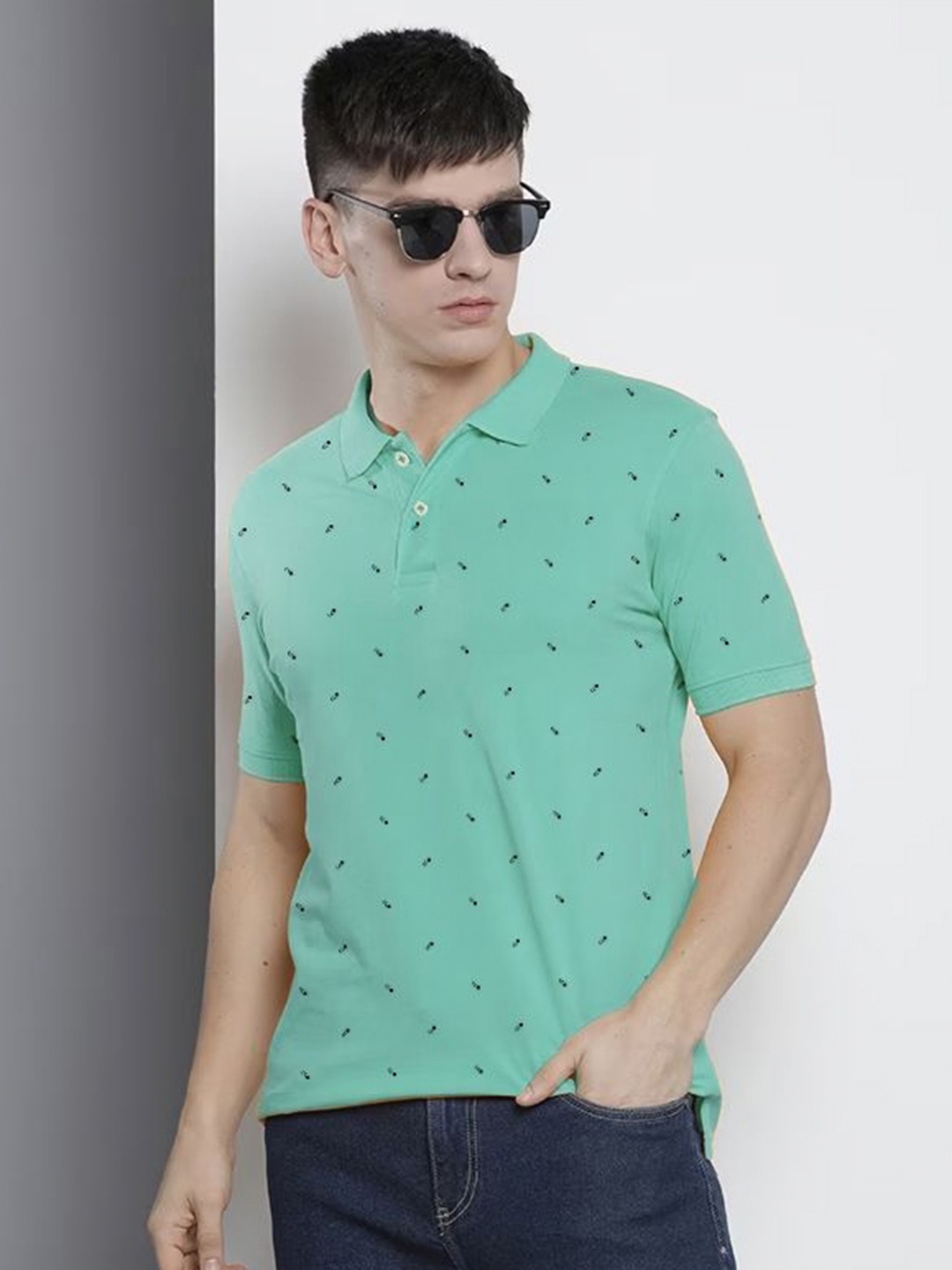 

MERRIMENT Men Conversational Printed Polo Collar Cotton T-shirt, Green