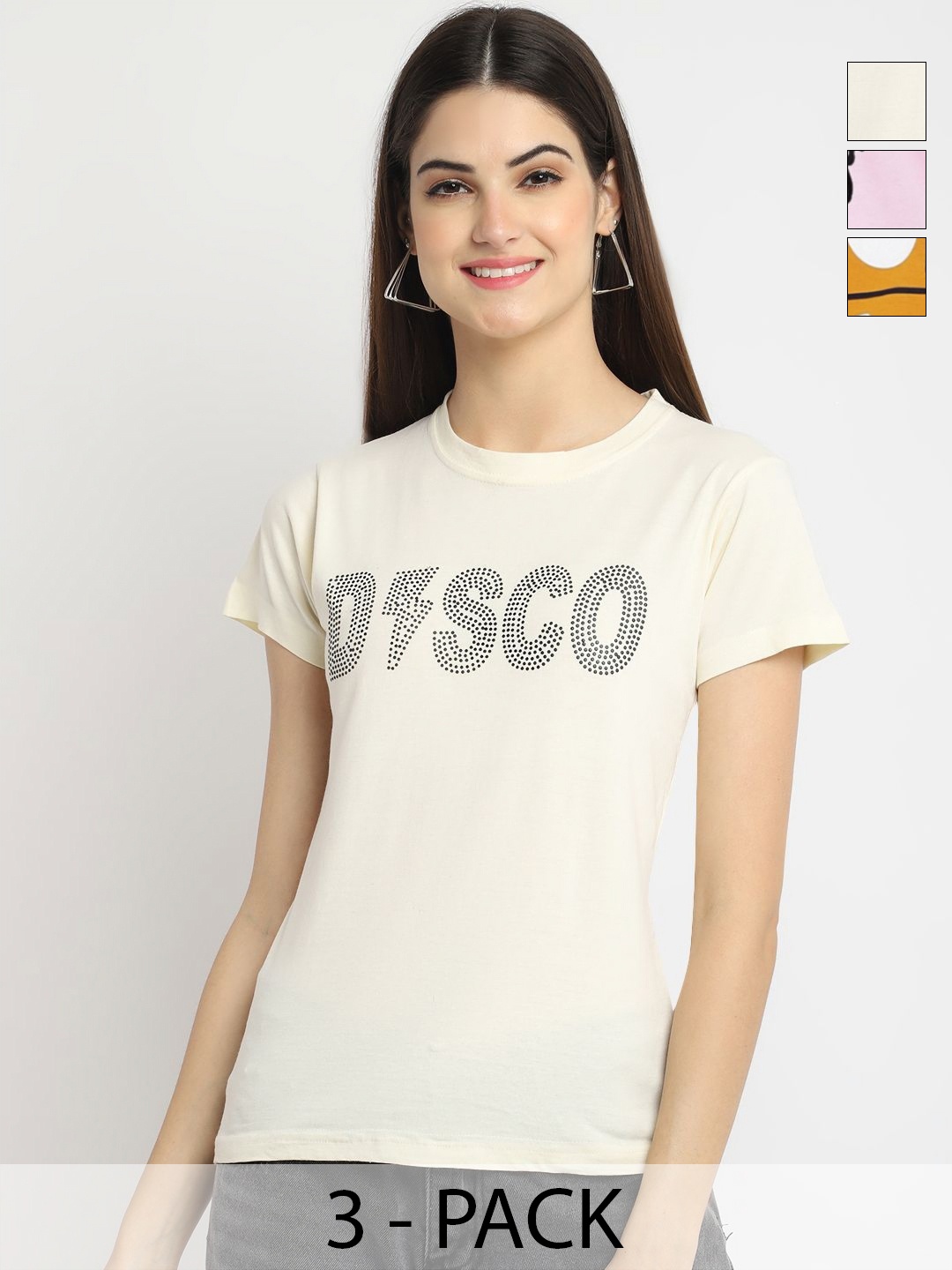 

Dreambe Women Pack Of 3 Typography Printed Round Neck Cotton T-shirts, Beige