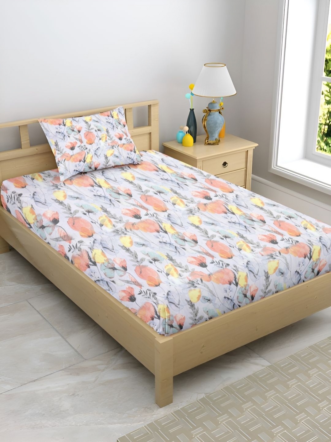 

Enchant Home Grey & Pink Floral Printed 210 TC Cotton Single Bedsheet Set