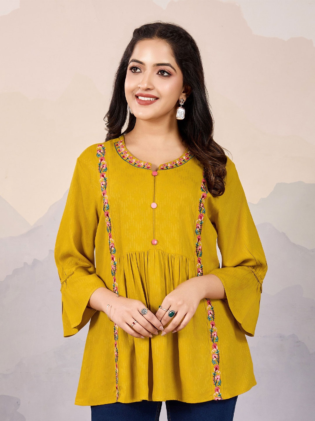 

MOJILAA Floral Embroidered Bell Sleeve Top, Mustard