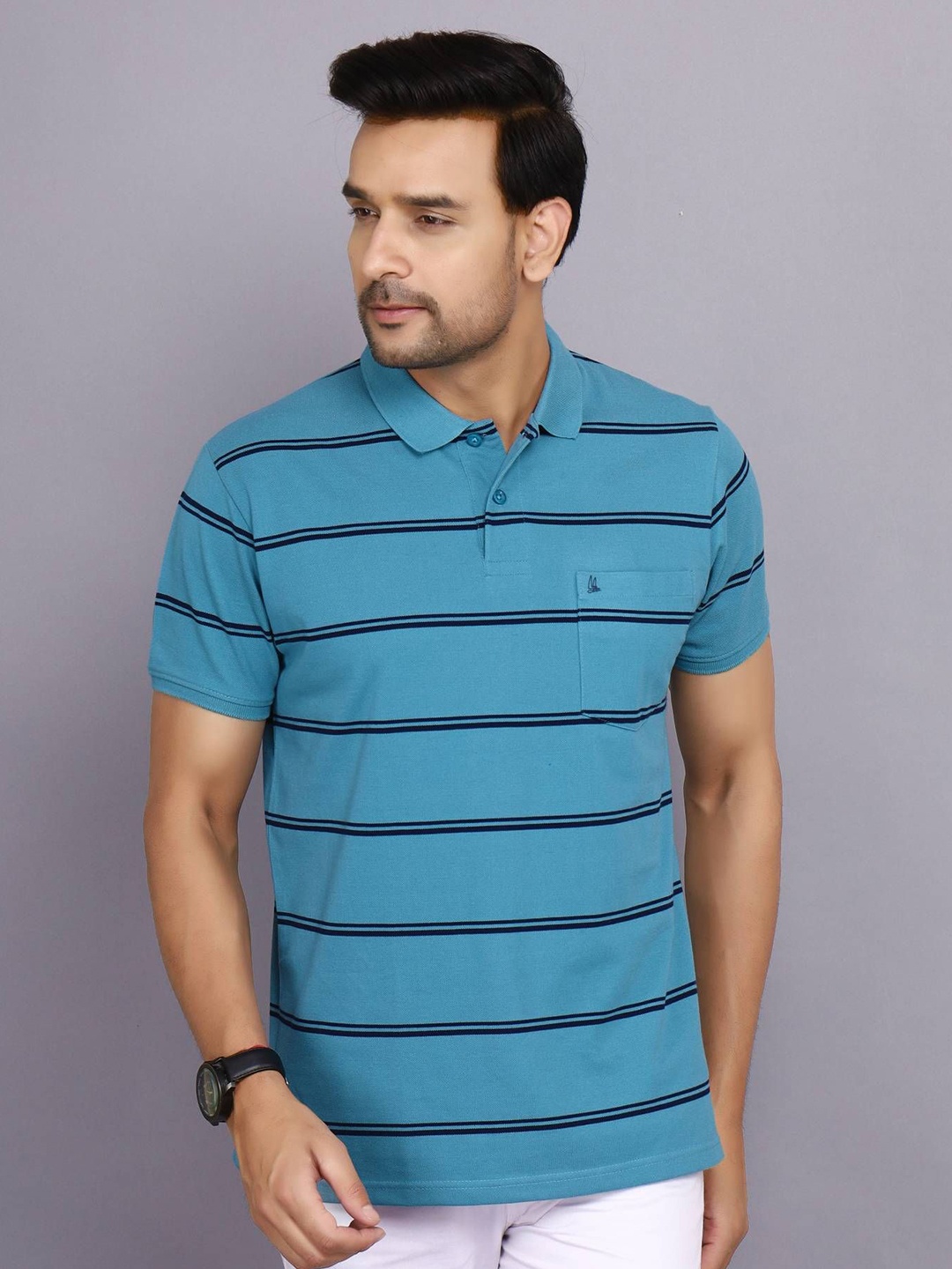 

ARBOUR Men Striped Polo Collar Cotton Slim Fit T-shirt, Blue