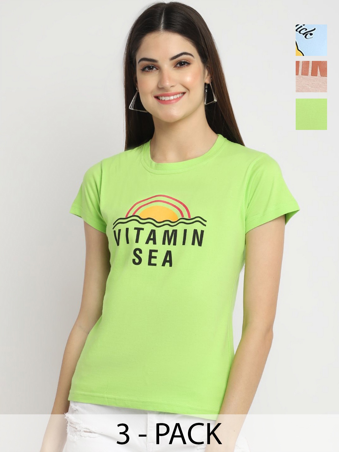 

Dreambe Women Pack Of 3 Typography Printed Round Neck Cotton T-shirts, Green