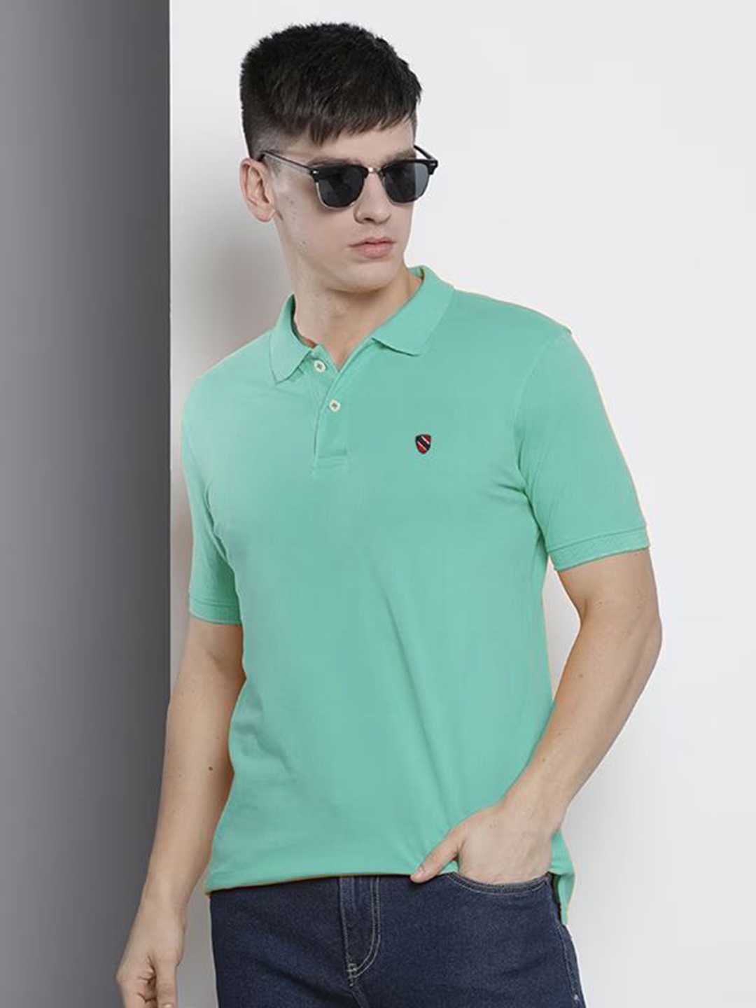 

MERRIMENT Men Solid Polo Collar Cotton T-shirt, Sea green