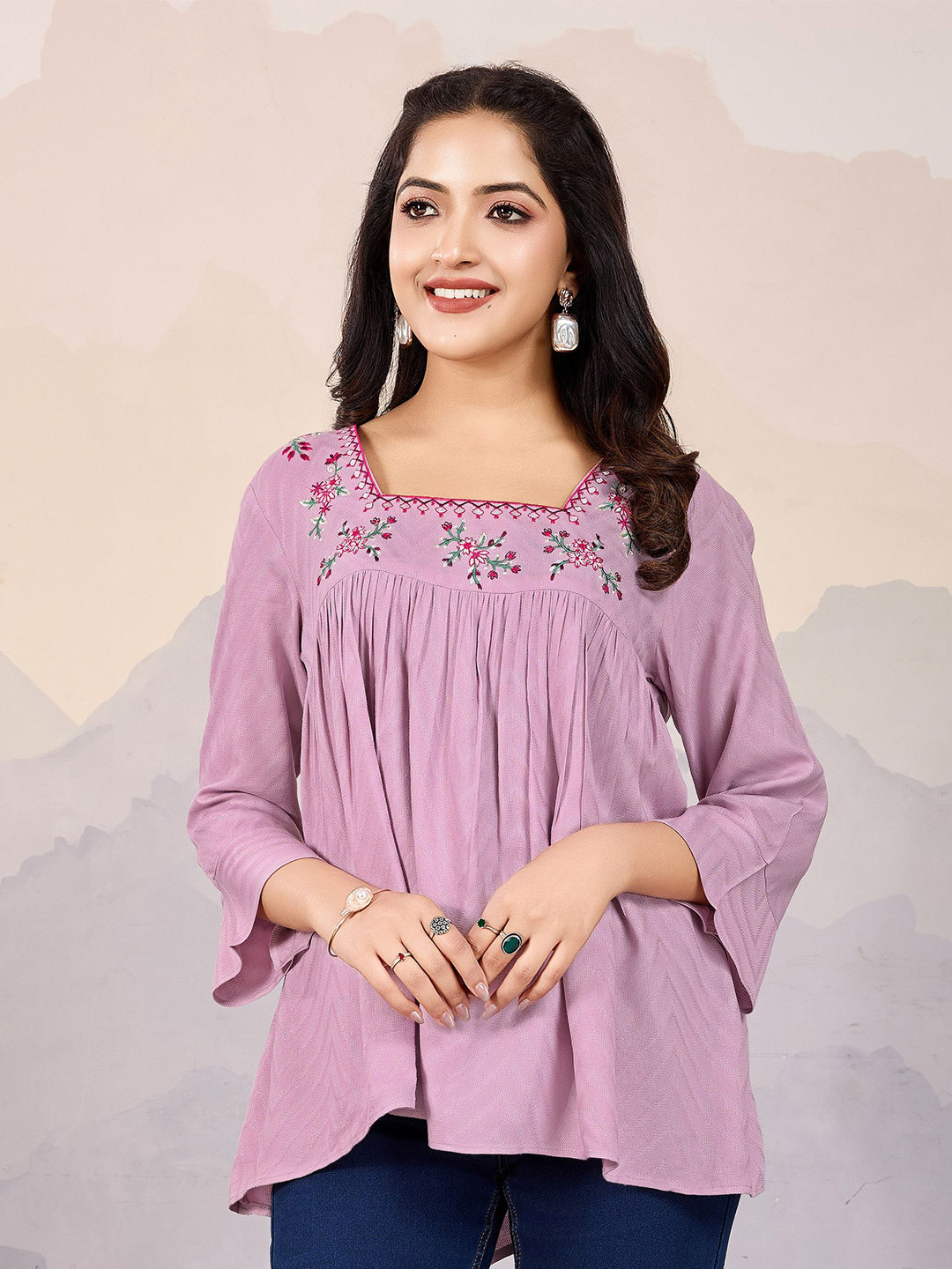 

MOJILAA Women Floral Embroidered Bell Sleeves Empire Top, Mauve