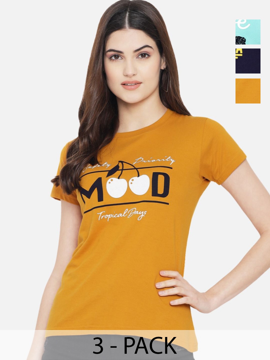 

Dreambe Women Pack Of 3 Typography Printed Round Neck Cotton T-shirts, Mustard