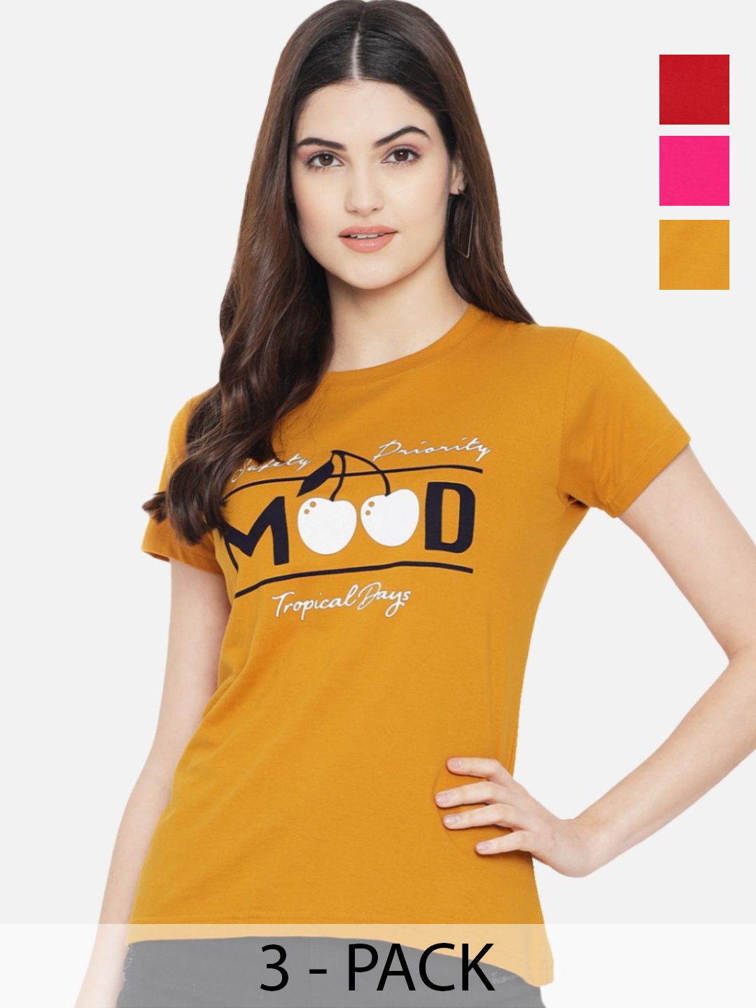

Dreambe Women Pack Of 3 Typography Printed Round Neck Cotton T-shirts, Mustard