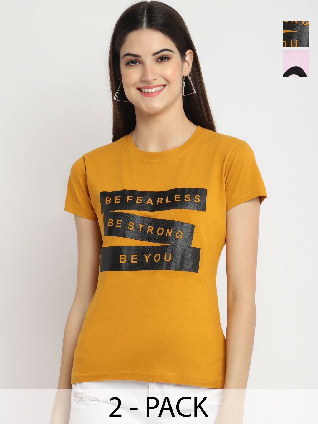 

Dreambe Women Pack Of 3 Typography Printed Round Neck Cotton T-shirts, Mustard
