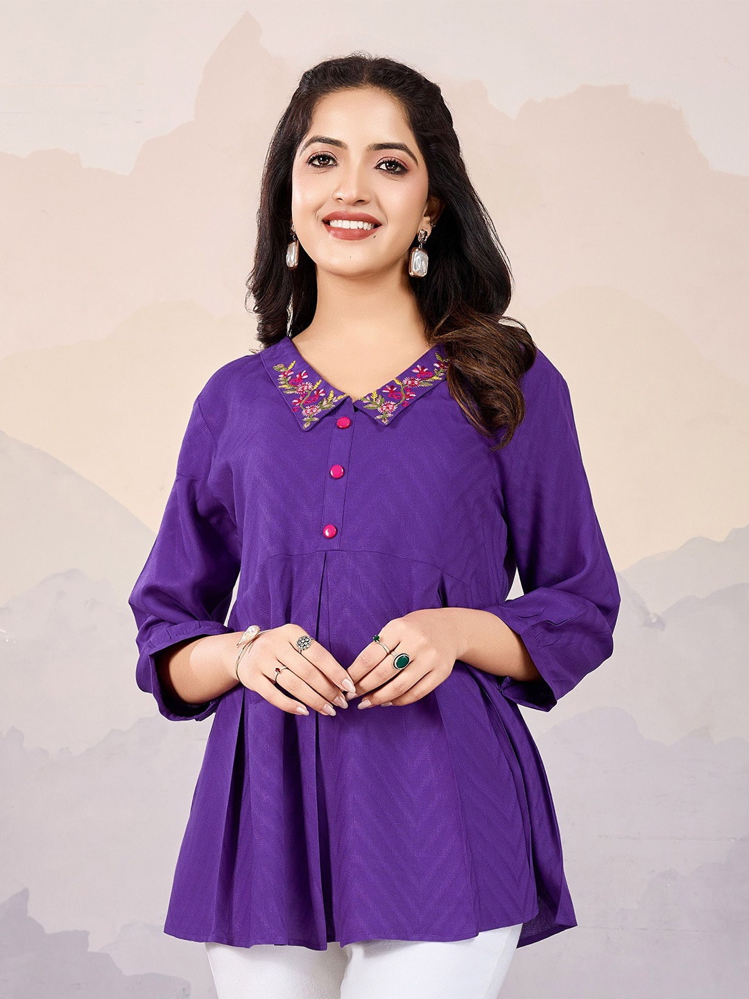 

MOJILAA Floral Embroidered Puff Sleeves Peplum Top, Purple