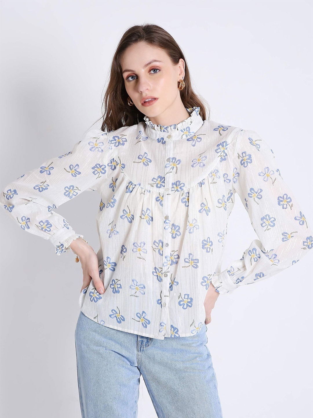 

French Theory Women Comfort Fit Spread Collar Floral Printed Cotton Casual Shirt, White