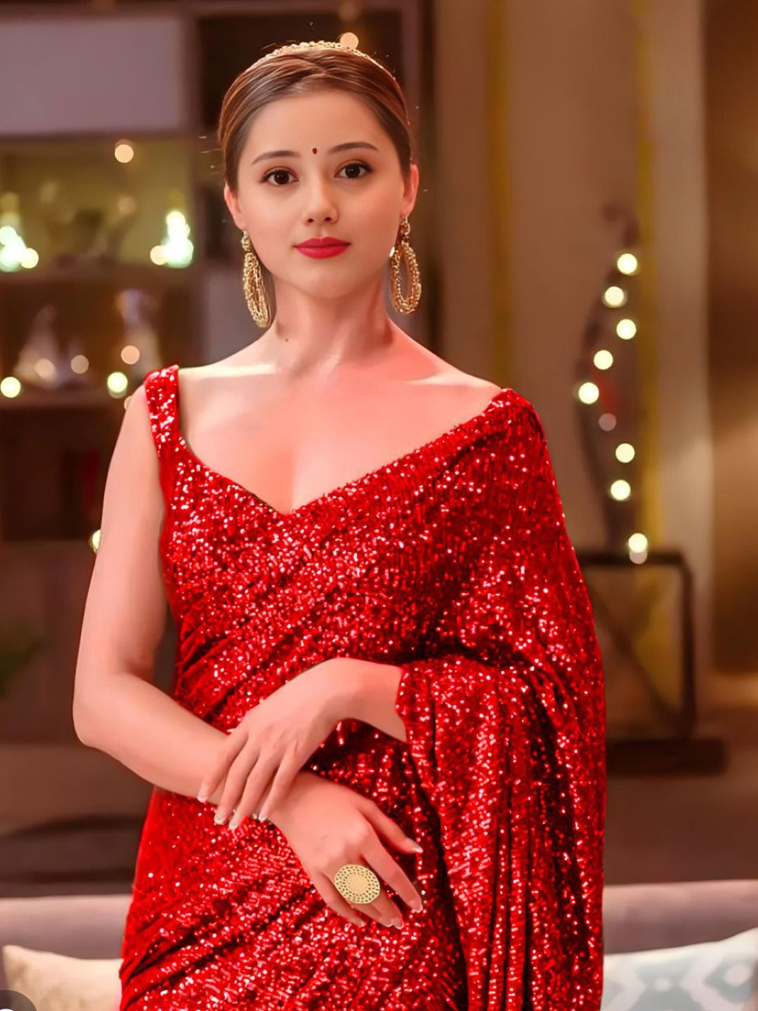 

ANJANI TEXTILE Embellished Sequinned Poly Georgette Heavy Work Saree, Red