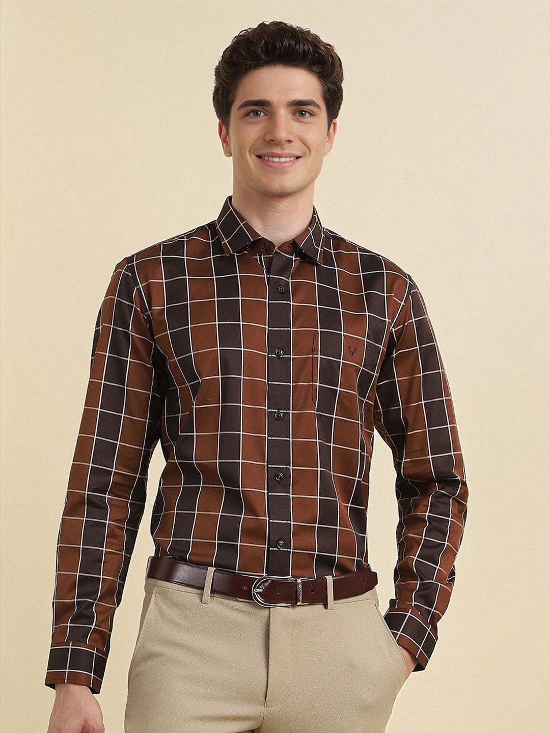 

Allen Solly Men Slim Fit Tartan Checks Opaque Checked Formal Shirt, Brown