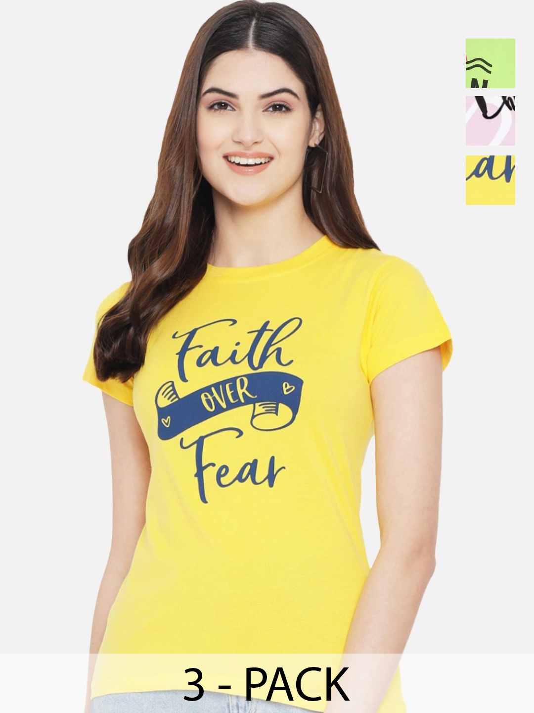 

Dreambe Women Pack Of 3 Typography Printed Round Neck Cotton T-shirts, Yellow