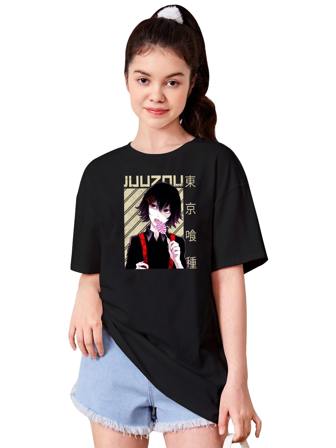 

BAESD Girls Graphic Printed Round Neck Cotton Oversized T-shirt, Black