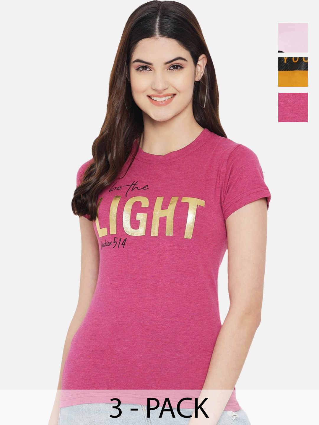 

Dreambe Women Pack Of 3 Typography Printed Round Neck Cotton T-shirts, Pink