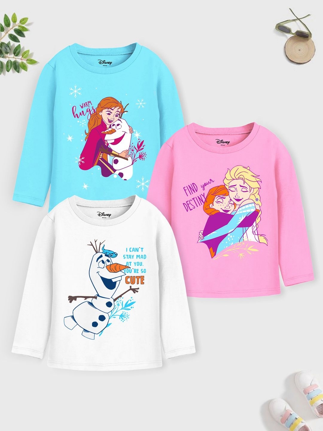 

Disney By Miss and Chief Girls Pack Of 3 Frozen Graphic Printed Round Neck T-shirts, Turquoise blue