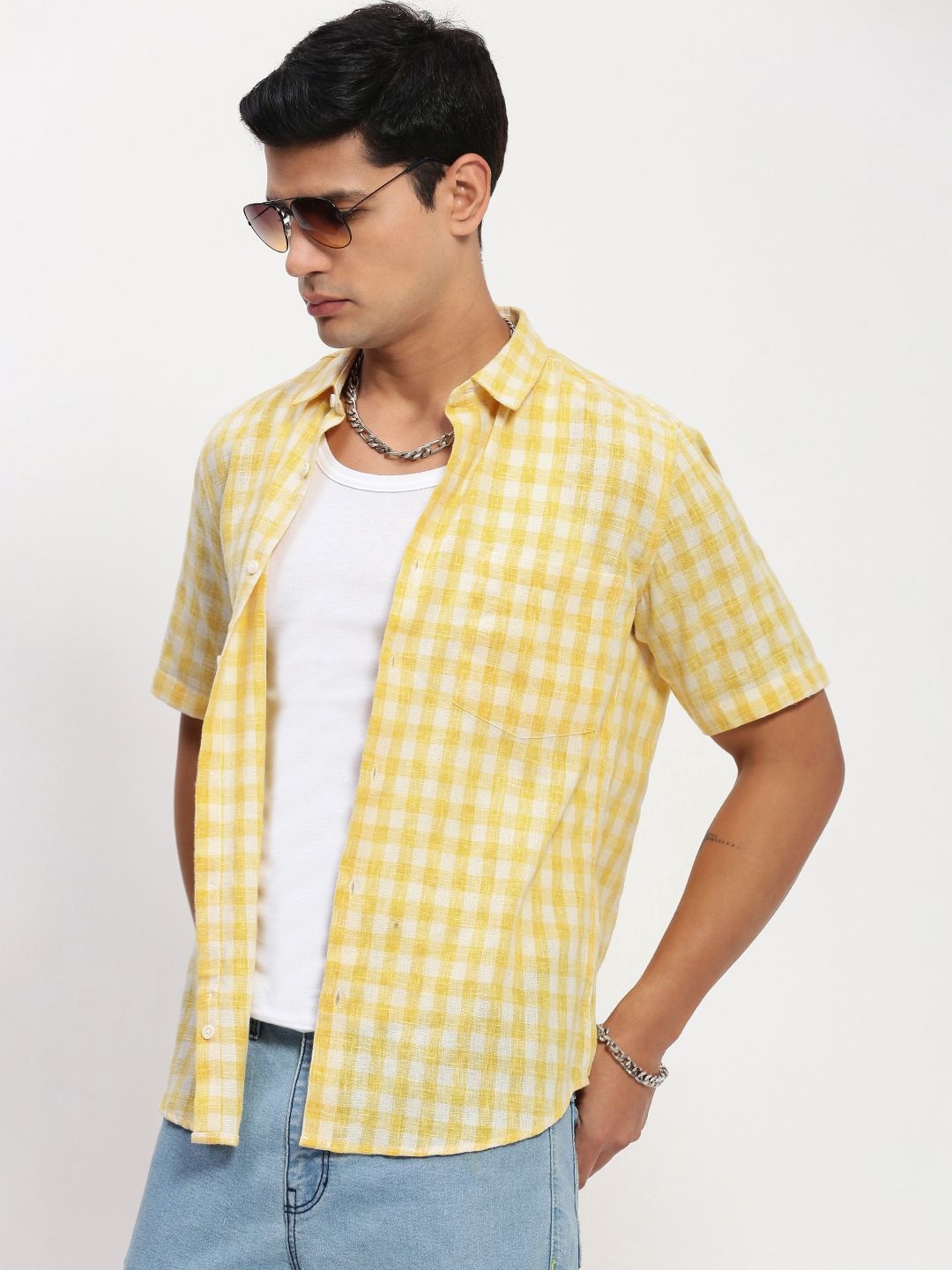 

SHOWOFF Men Comfort Slim Fit Gingham Checks Opaque Checked Casual Shirt, Yellow