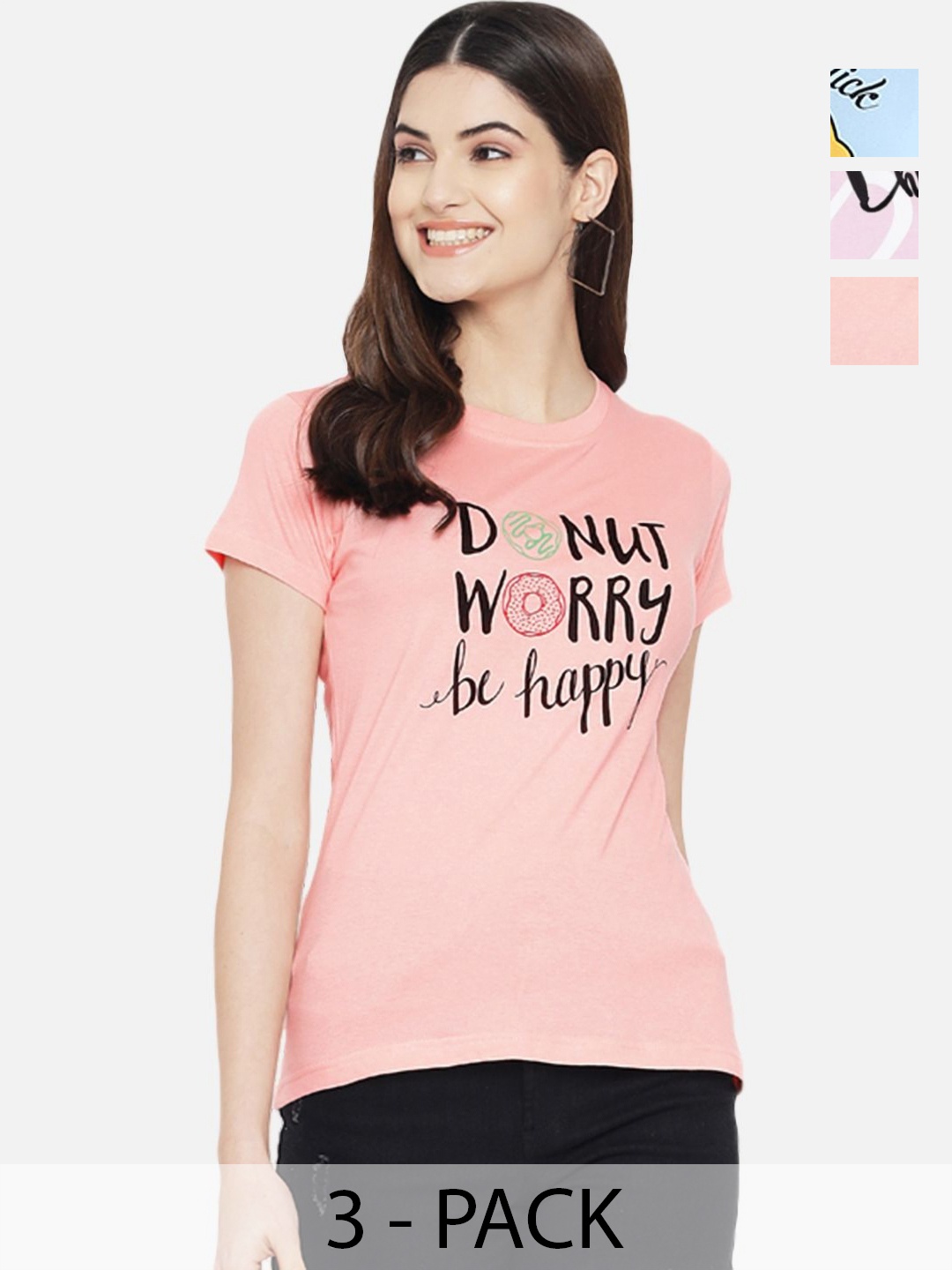 

Dreambe Women Pack Of 3 Typography Printed Round Neck Cotton T-shirts, Peach