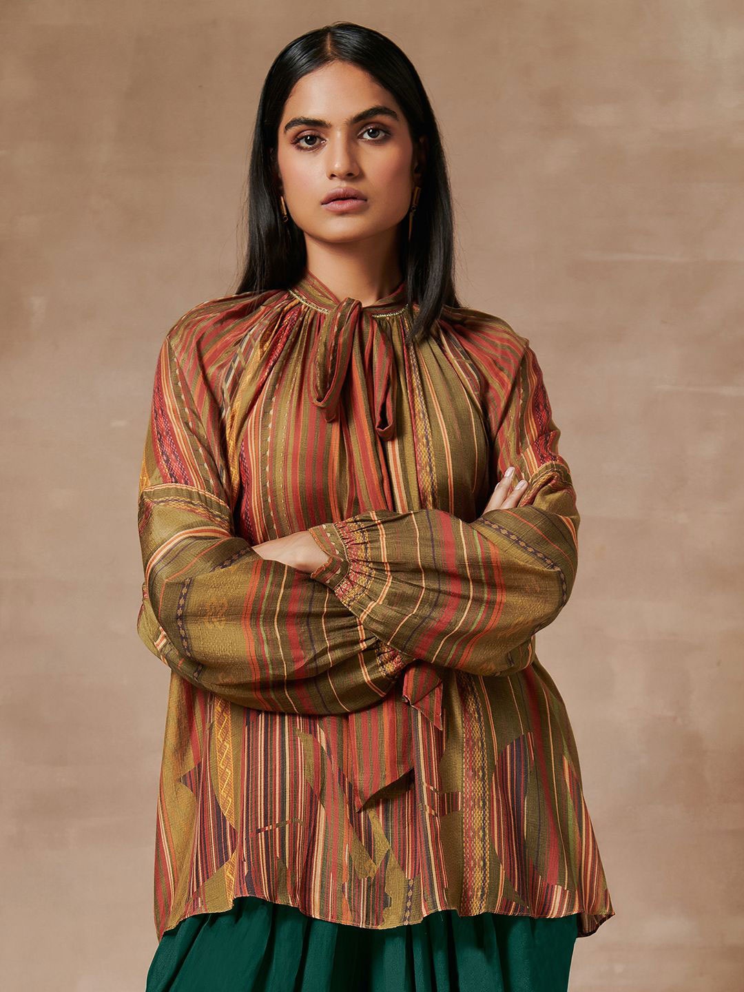 

SAUNDH Print Tie-Up Neck Georgette Top, Brown