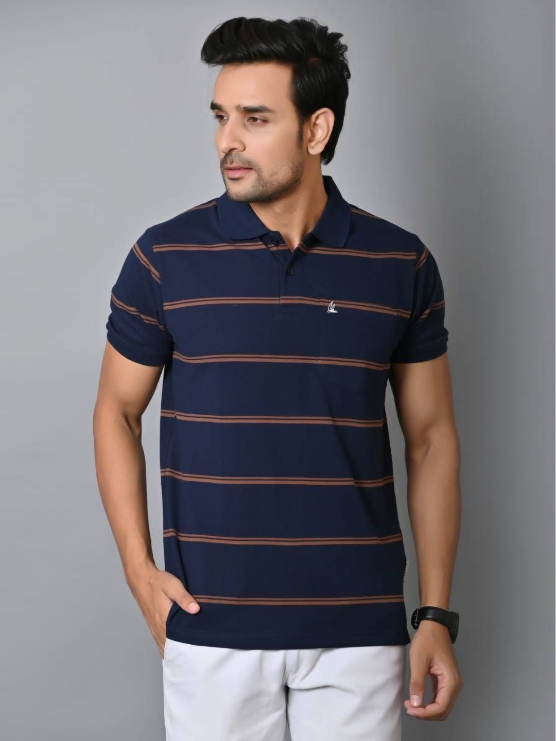 

ARBOUR Men Striped Polo Collar Cotton Slim Fit T-shirt, Navy blue