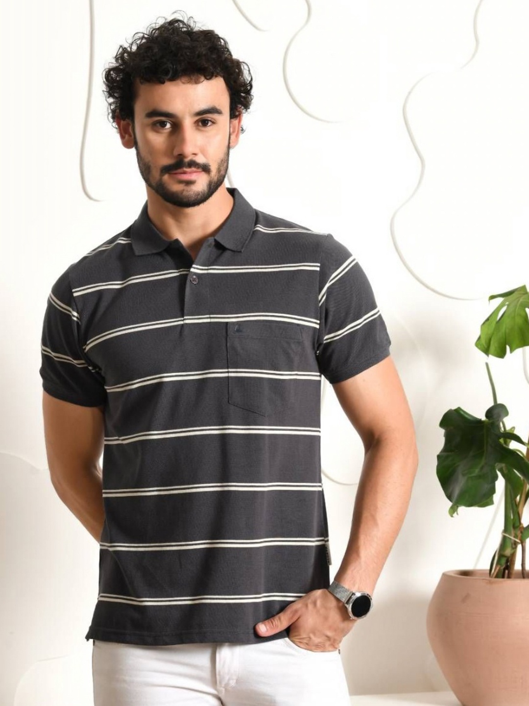 

ARBOUR Men Striped Polo Collar Cotton Slim Fit T-shirt, Grey