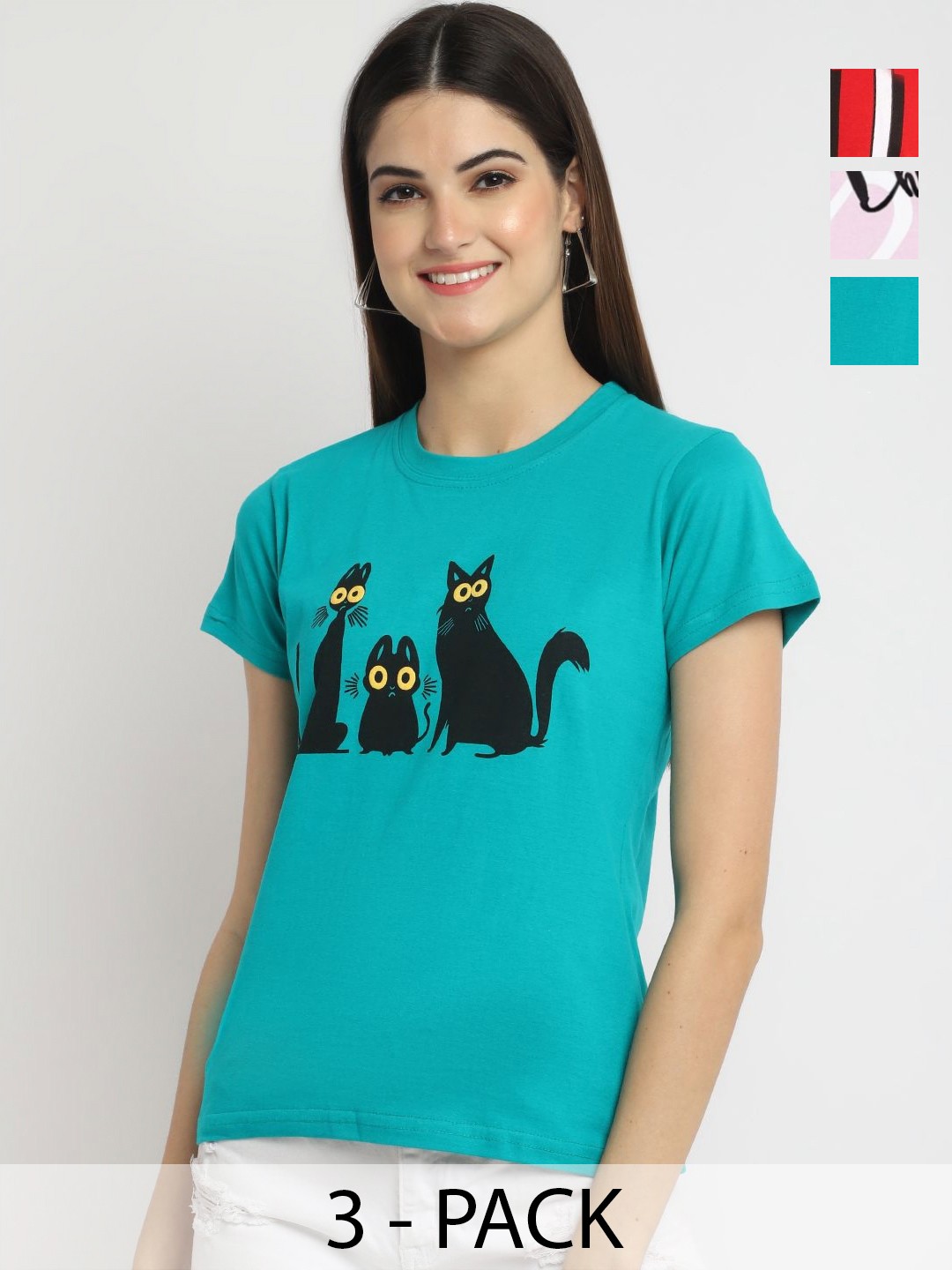 

Dreambe Women Pack Of 3 Graphic Printed Round Neck Cotton T-shirts, Blue