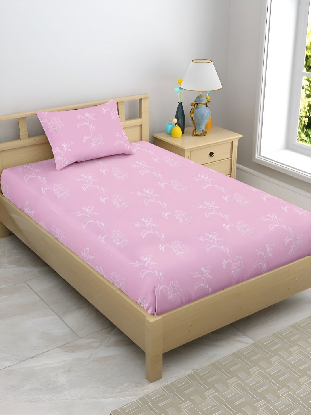 

Enchant Home Pink Floral 210 TC Single Bedsheet with 1 Pillow Covers