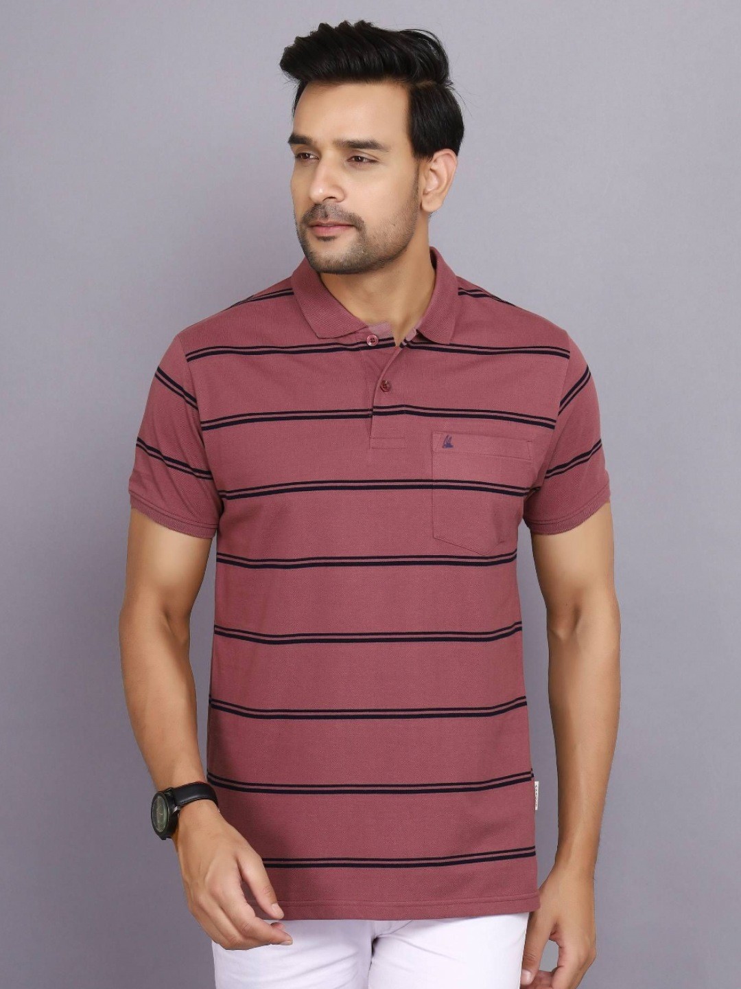 

ARBOUR Men Striped Polo Collar Cotton Slim Fit T-shirt, Mauve