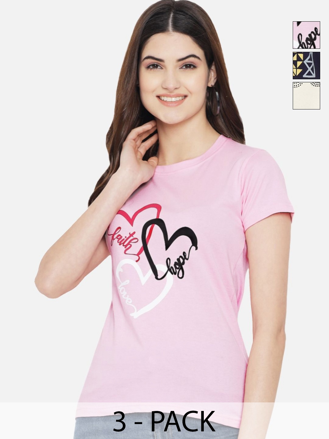 

Dreambe Women Pack Of 3 Typography Printed Round Neck Cotton T-shirts, Pink