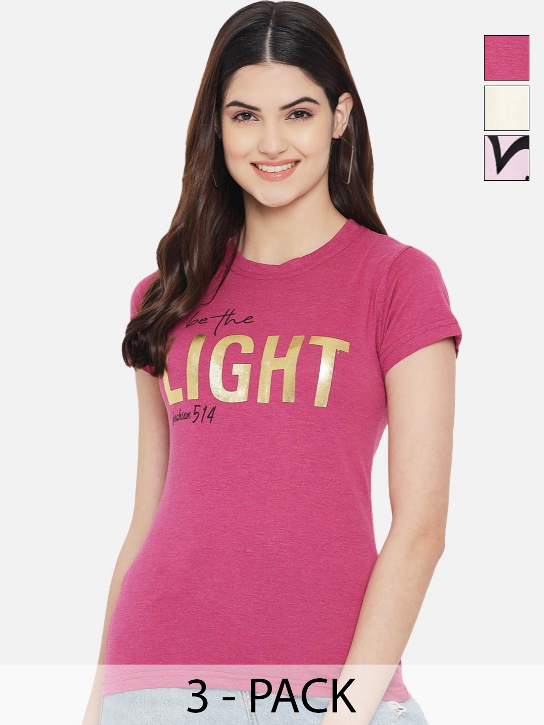 

Dreambe Women Pack Of 3 Typography Printed Round Neck Cotton T-shirts, Pink