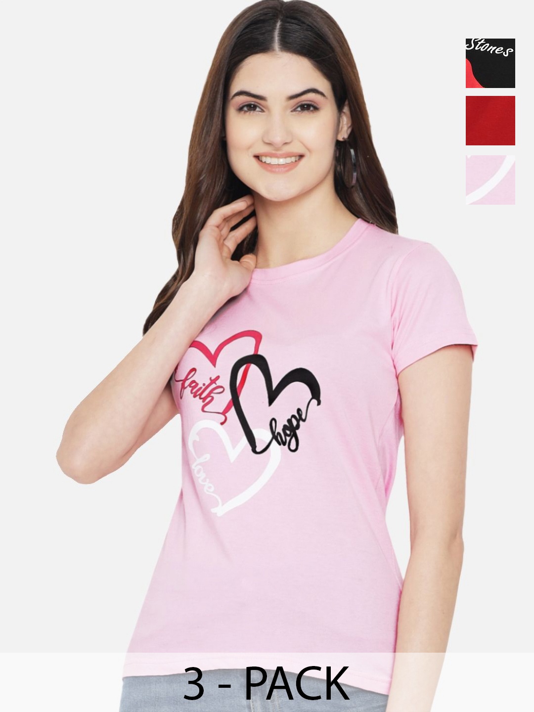 

Dreambe Women Pack Of 3 Typography Printed Round Neck Cotton T-shirts, Pink