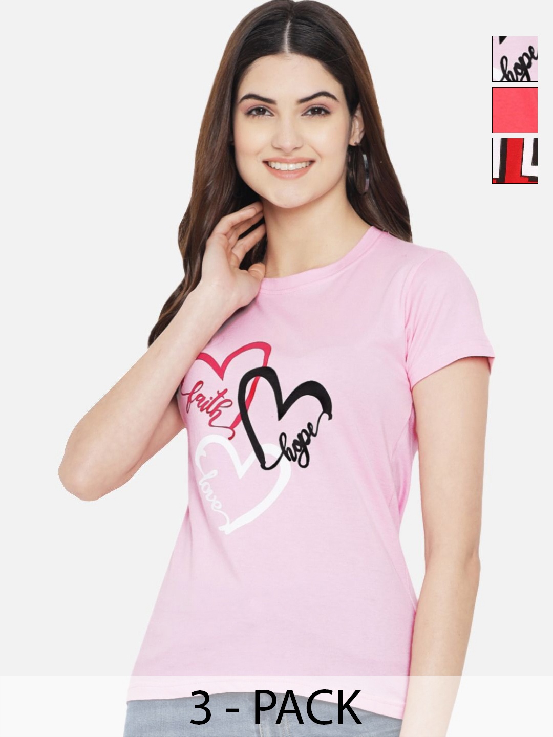 

Dreambe Women Pack Of 3 Graphic Printed Round Neck Cotton T-shirts, Pink