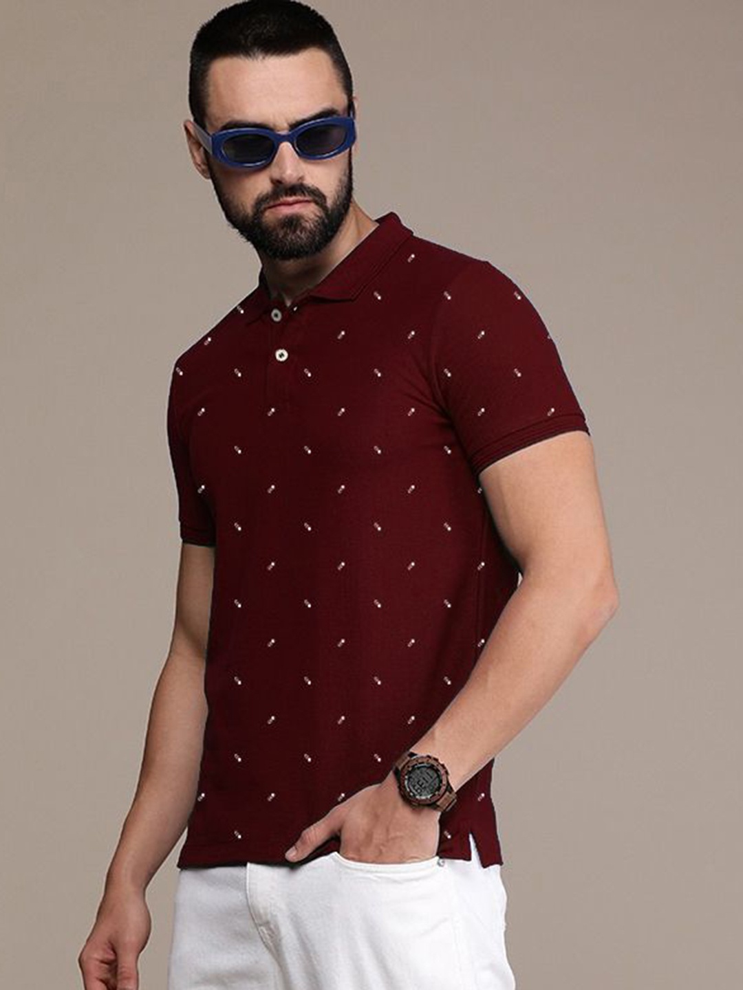 

MERRIMENT Men Geometric Printed Polo Collar Cotton T-shirt, Maroon