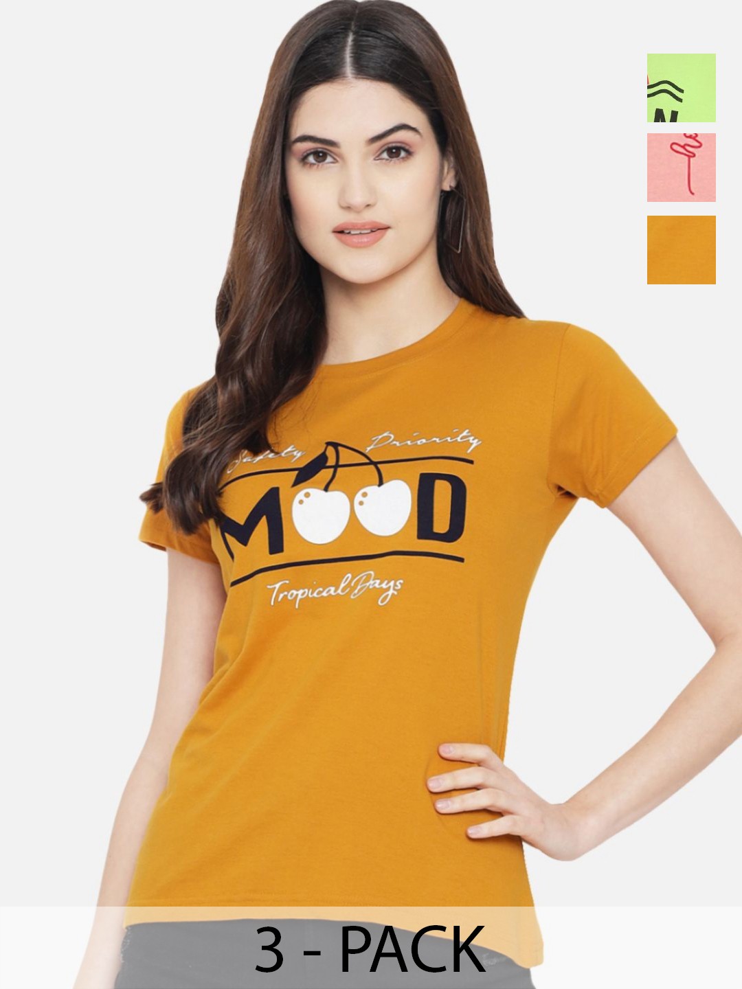 

Dreambe Women Pack Of 3 Typography Printed Round Neck Cotton T-shirts, Mustard