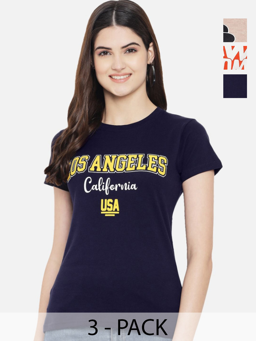 

Dreambe Women Pack Of 3 Typography Printed Round Neck Cotton T-shirts, Navy blue