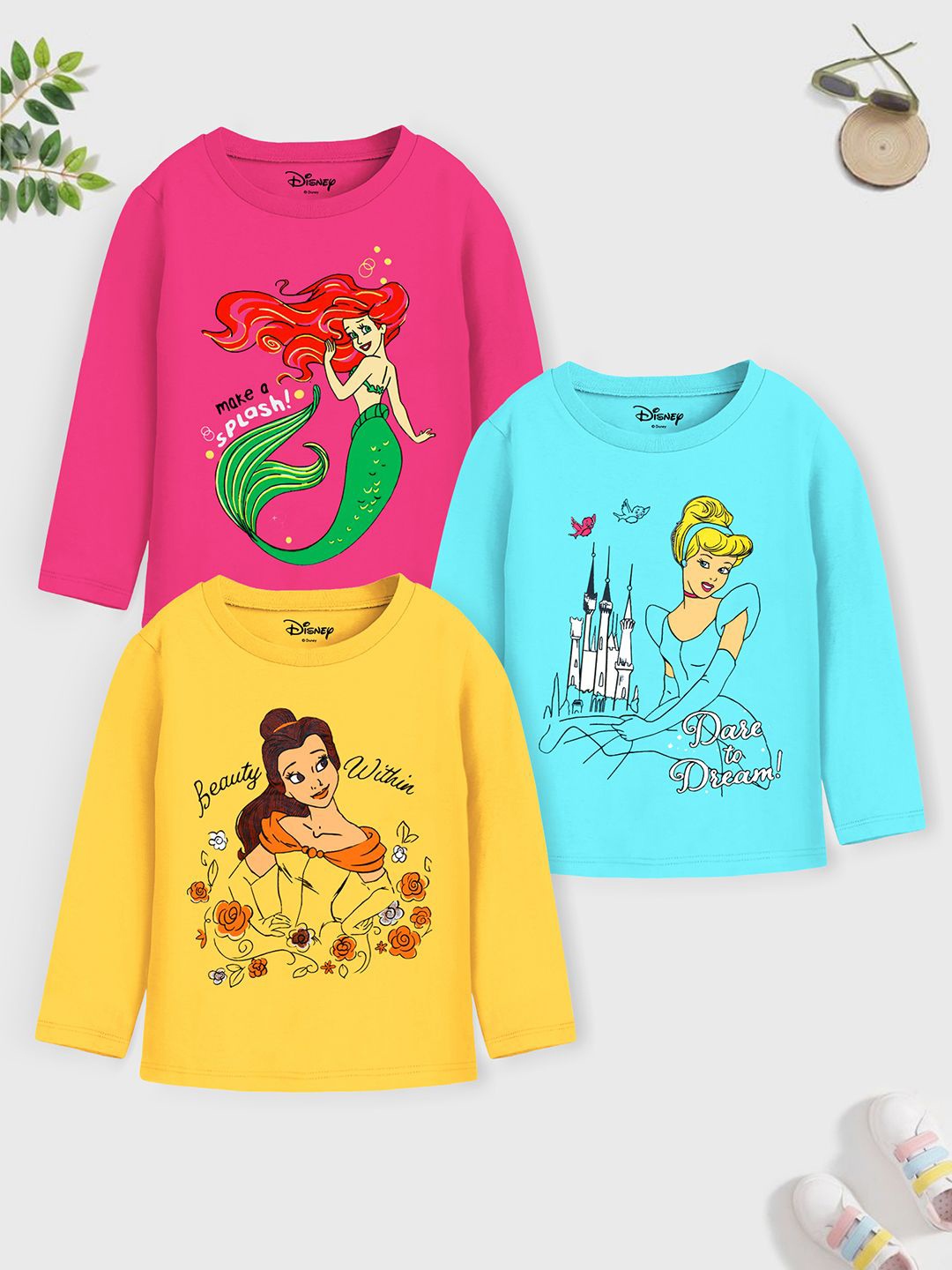 

Disney By Miss and Chief Girls Pack Of 3 Cinderella Graphic Printed Cotton T-shirts, Turquoise blue