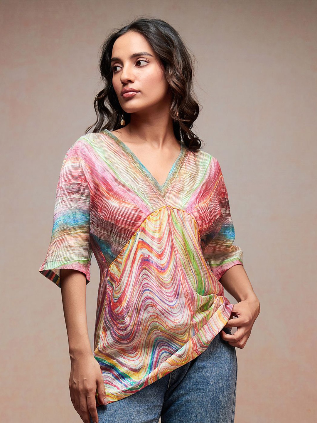 

SAUNDH Printed Georgette Empire Top, Pink