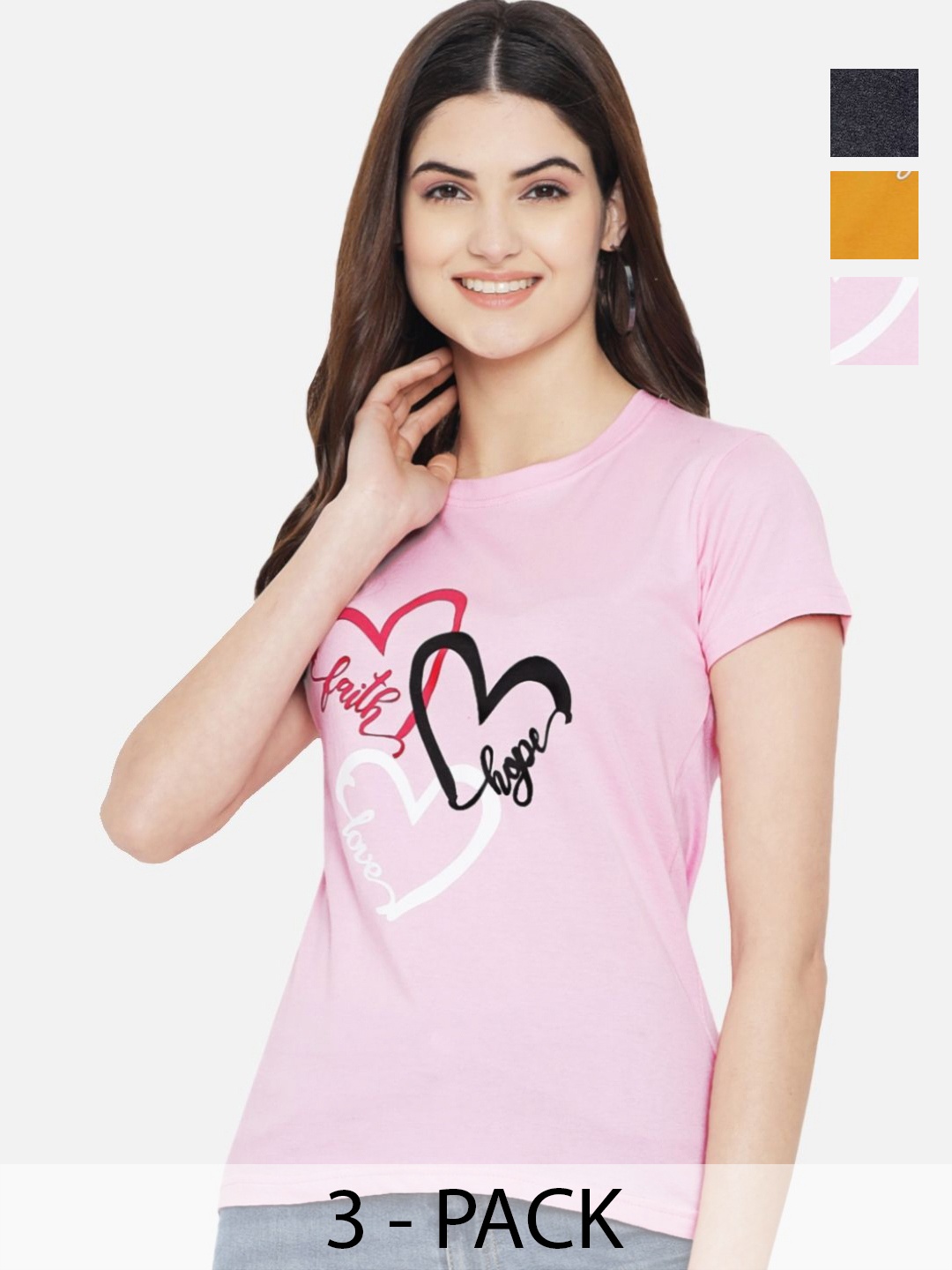 

Dreambe Women Pack Of 3 Typography Printed Round Neck Cotton T-shirts, Pink