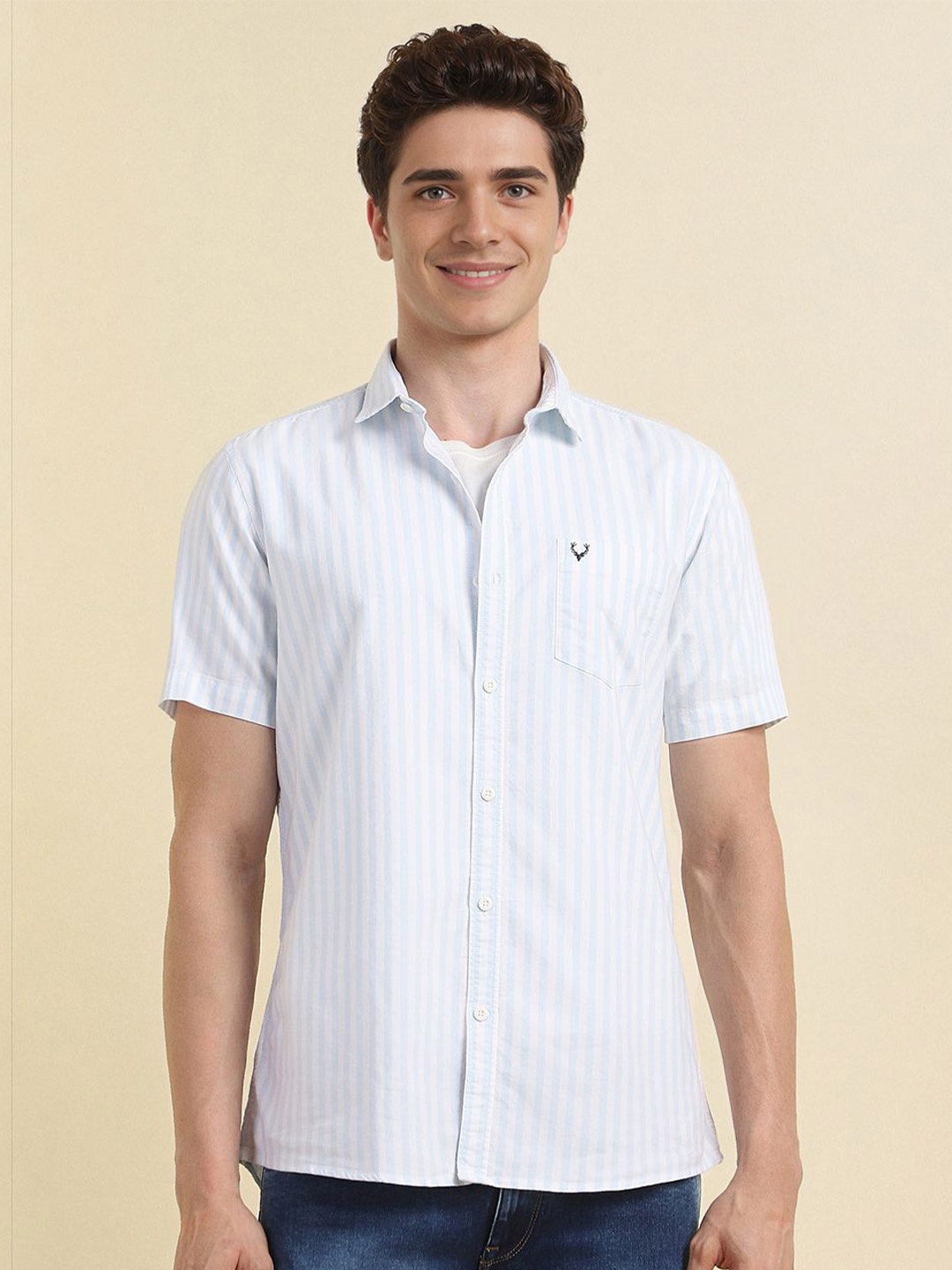 

Allen Solly Men Spread Collar Vertical Striped Cotton Casual Shirt, Blue