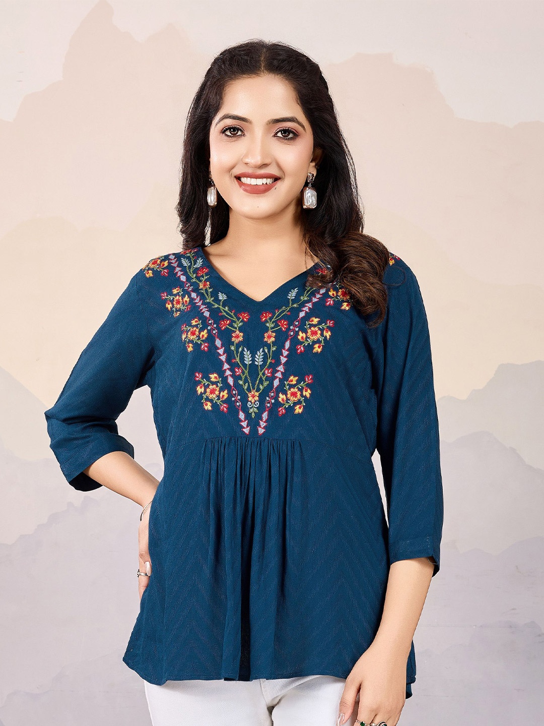 

MOJILAA Floral Embroidered Top, Teal