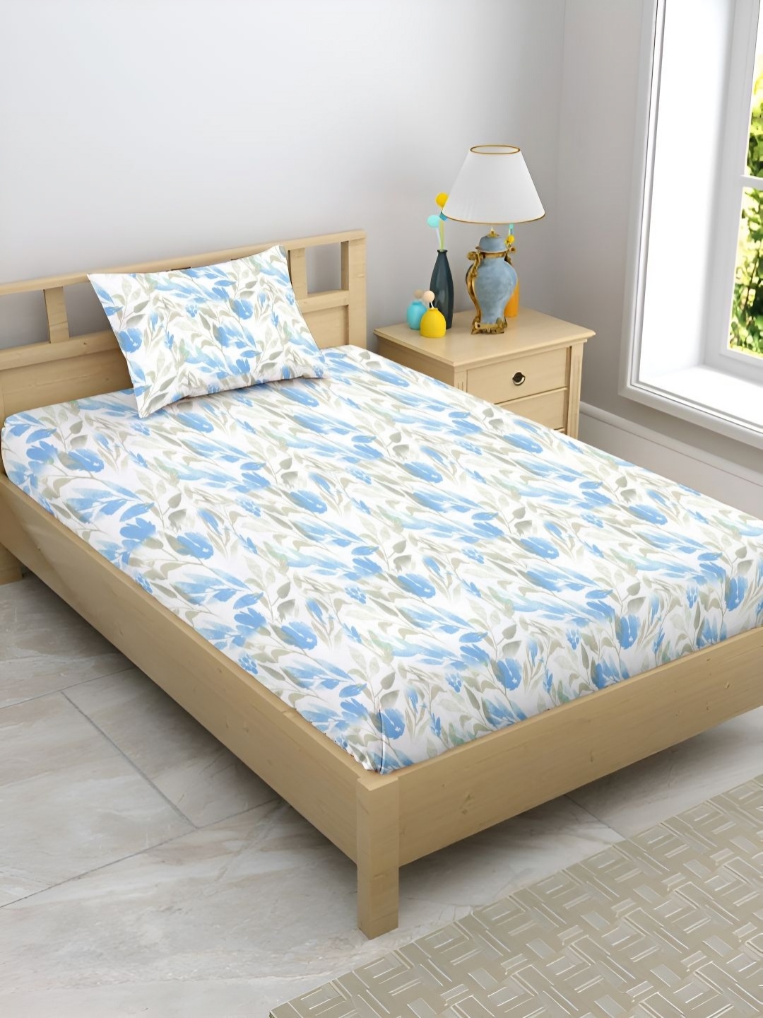 

Enchant Home Blue & Floral Printed 210 TC Cotton Single Bedsheet Set 1.5m x 2.28m