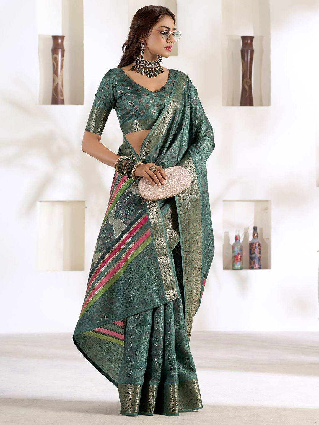 

LeeliPeeri Designer Women Ethnic Motifs Zari Saree, Green
