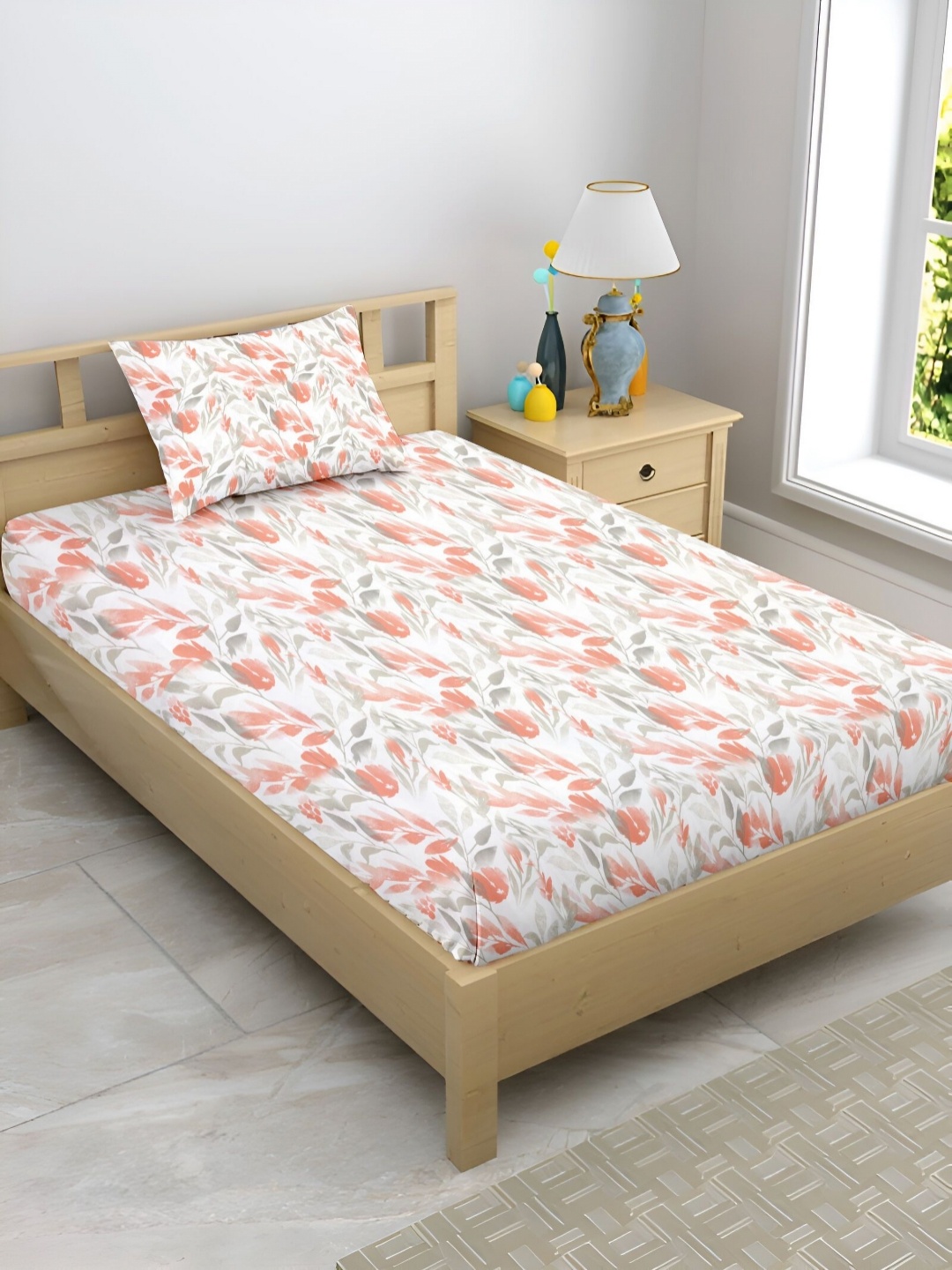 

Enchant Home White Floral Printed 210 TC Cotton Single Bedsheet Set, Orange