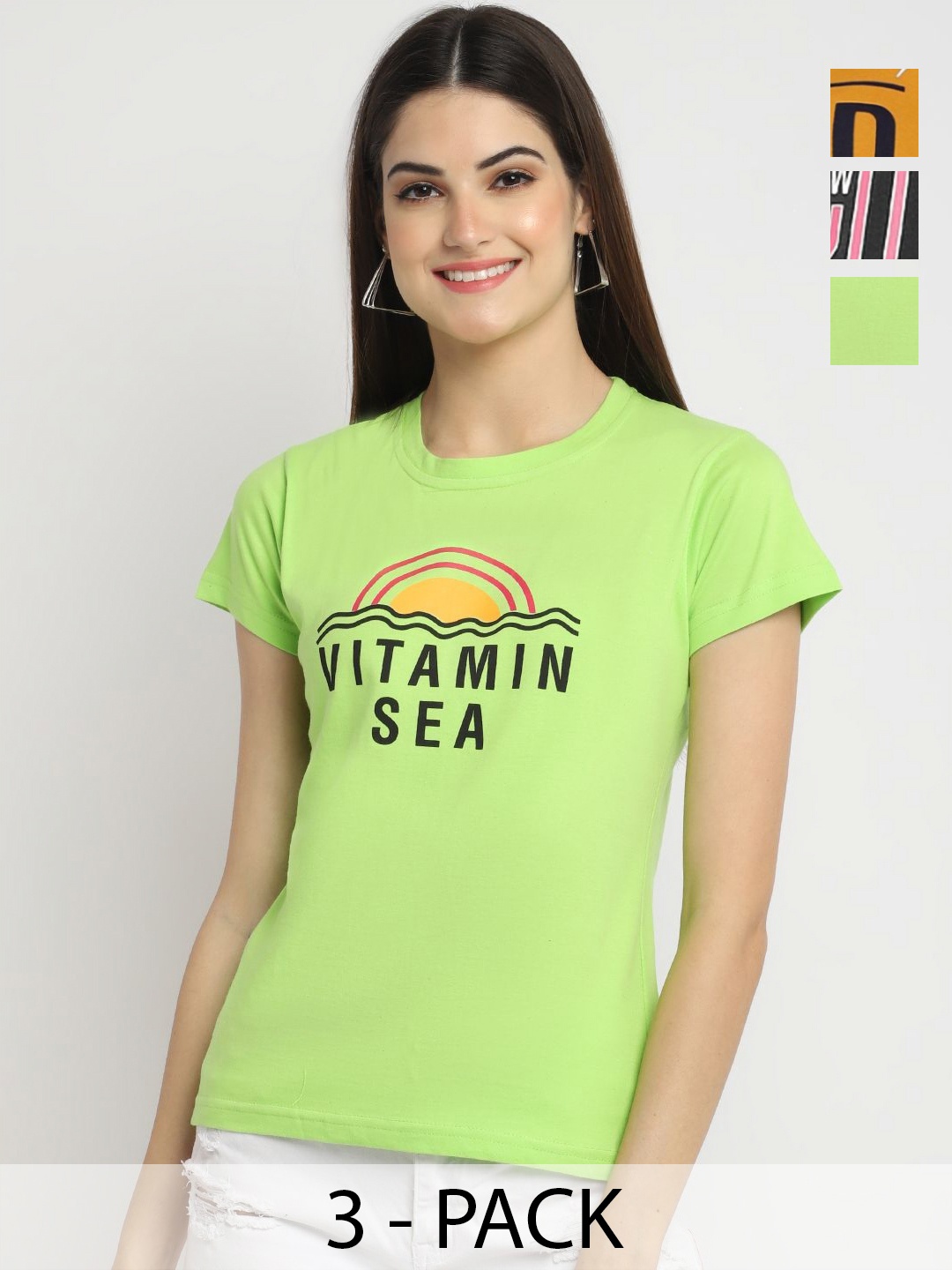 

Dreambe Women Pack Of 3 Typography Printed Round Neck Cotton T-shirts, Green