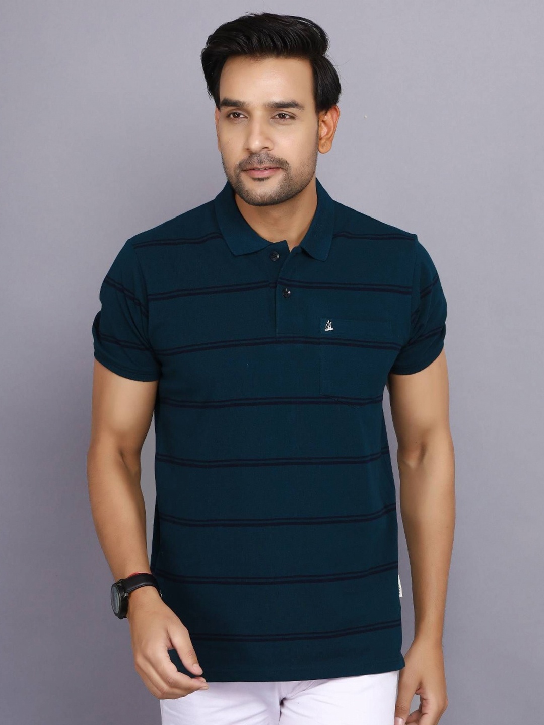 

ARBOUR Men Striped Polo Collar Cotton Slim Fit T-shirt, Teal