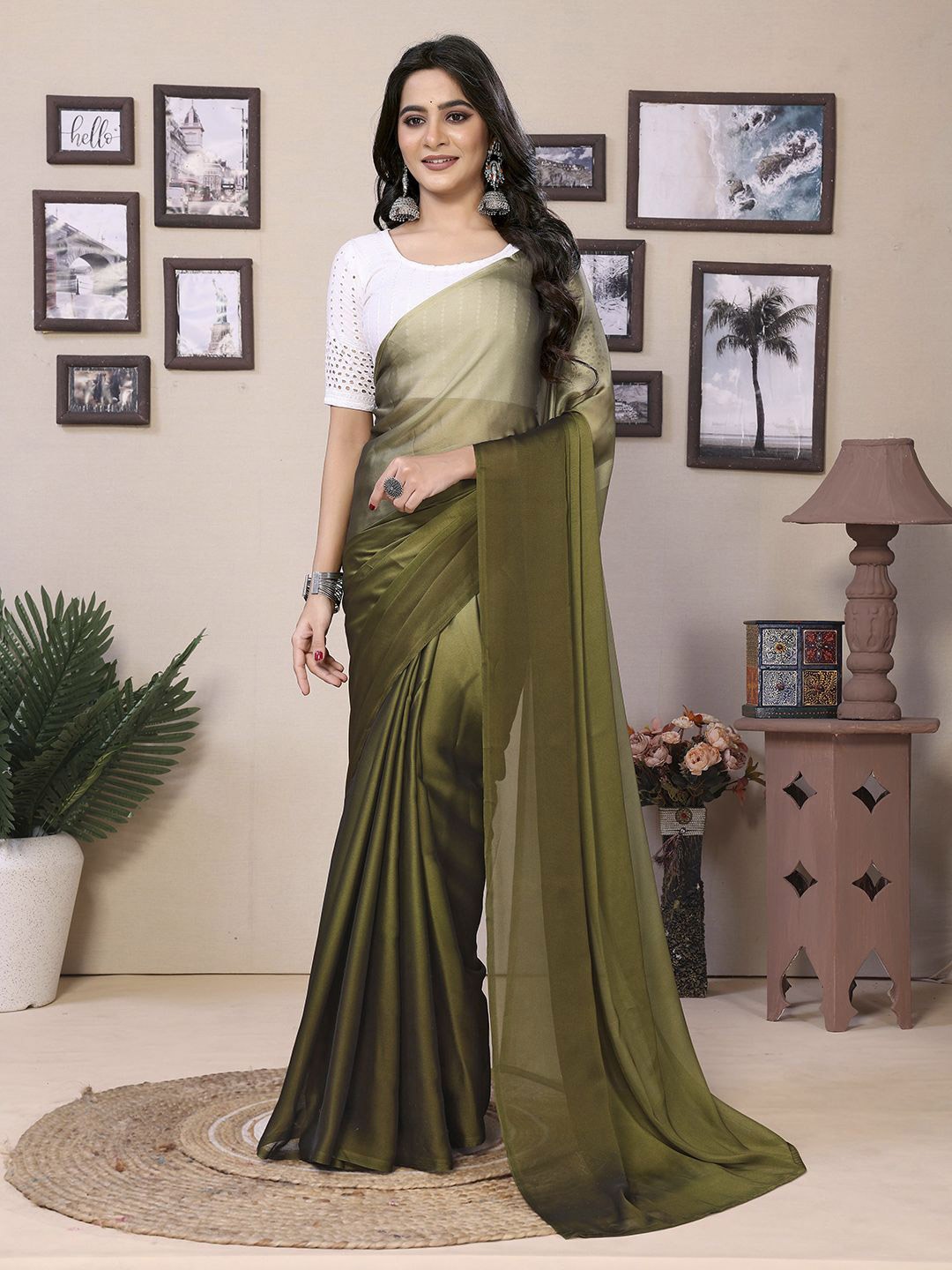 

DIVASTRI Ombre Satin Ready to Wear Saree, Green
