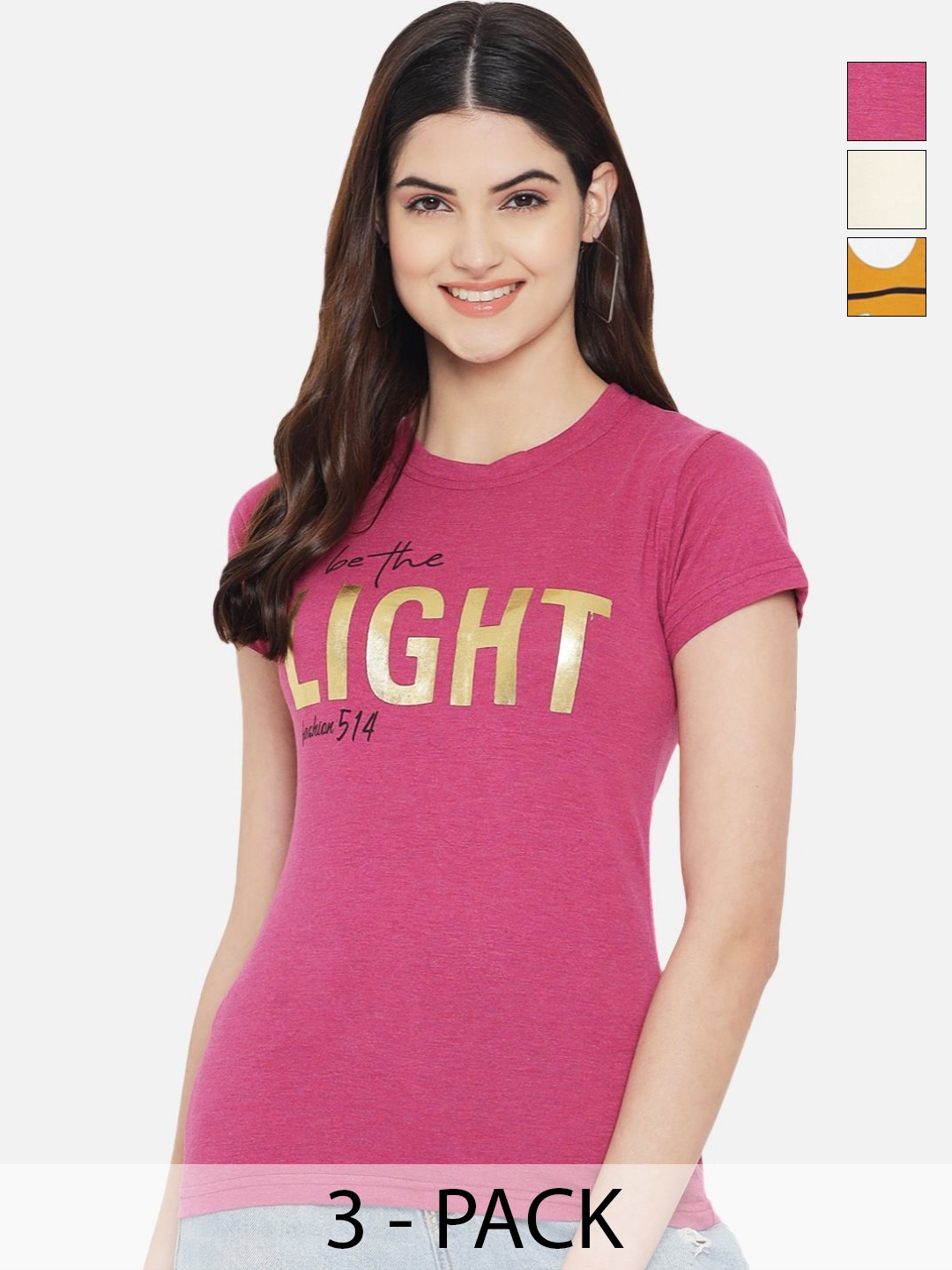

Dreambe Women Pack Of 3 Typography Printed Round Neck Cotton T-shirts, Pink