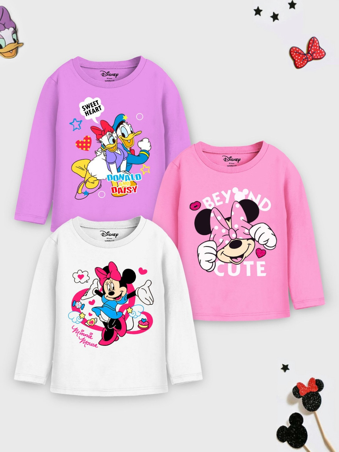 

Disney By Miss and Chief Girls Pack Of 3 Minnie & Daisy Graphic Printed Cotton T-shirts, Purple