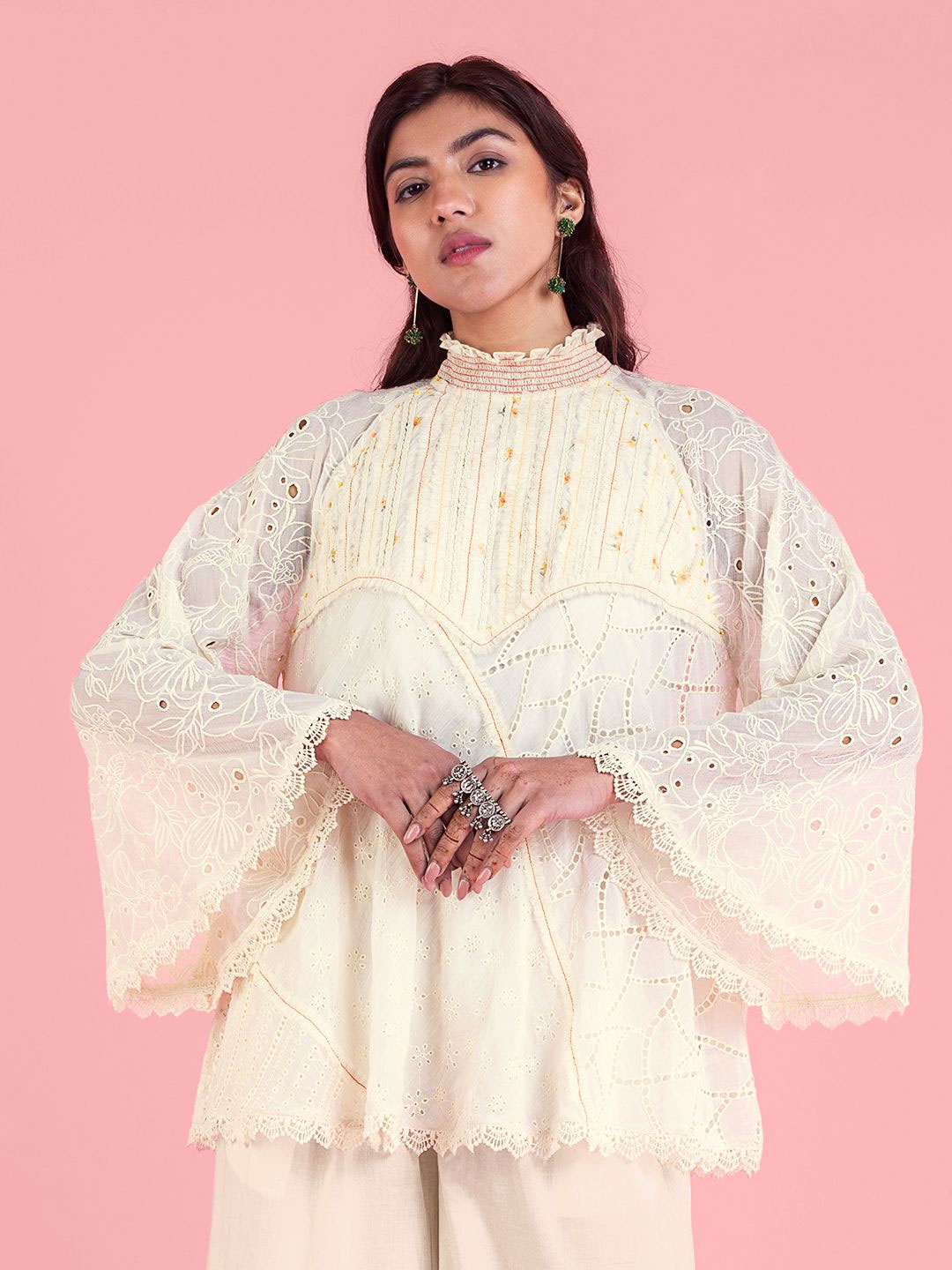 

SAUNDH Frozen Cotton Schiffli Self Design Bell Sleeves Top, Cream