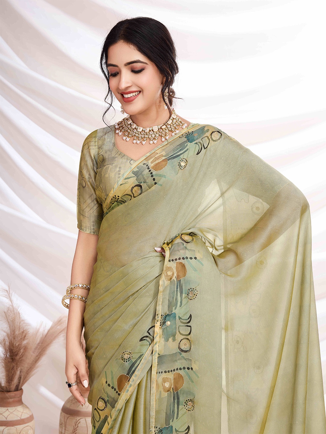 

all about you Aari Work Pure Chiffon Saree, Green